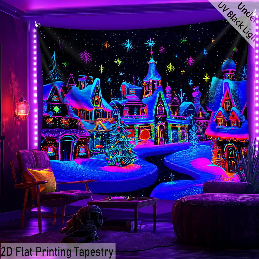Christmas Dreamy Snow Fluorescent Tapestry Outer Space Polyster UV BlackLight Tapestry, Wall Hanging For Living Room Bedroom Office Home Decor