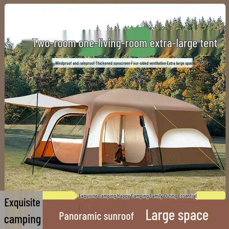 Outdoor Camping Tent: Large, Portable, Sun-Protected, Rainproof, 2 Rooms + Living Area, Fits 8-12 People