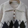 European Women’s Autumn/Winter Diamond Pattern Lapel Knit Sweater