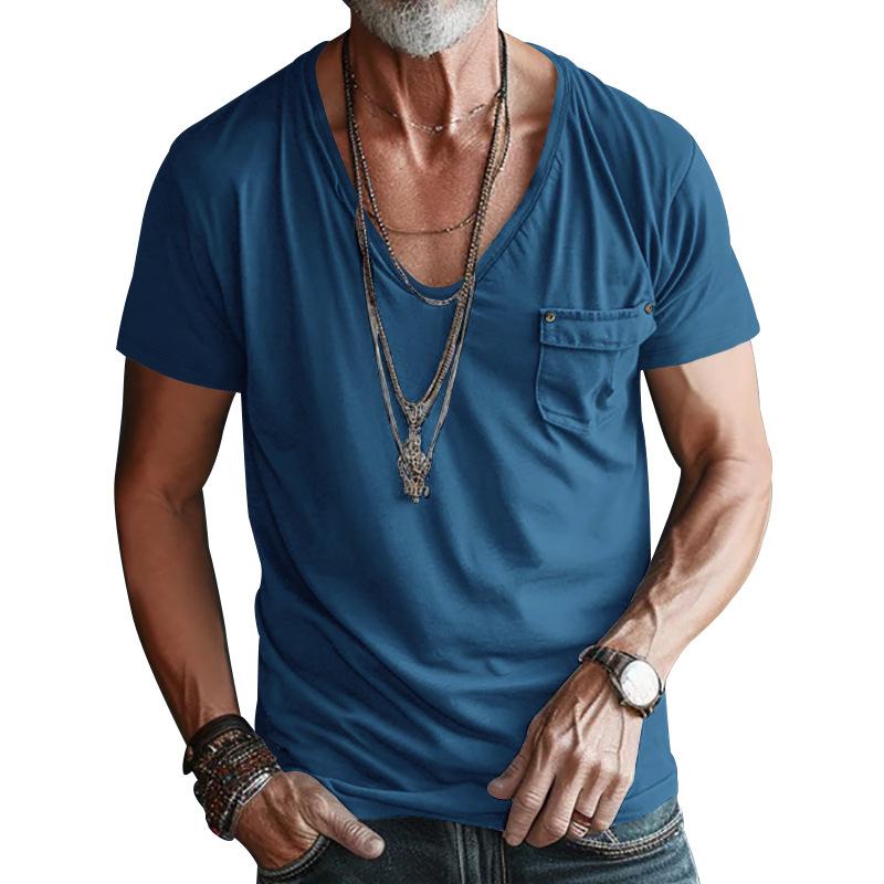 Men's Pocket T-shirt Clothing V-neck Solid Color Plus-size Casual Short-sleeved T-shirt