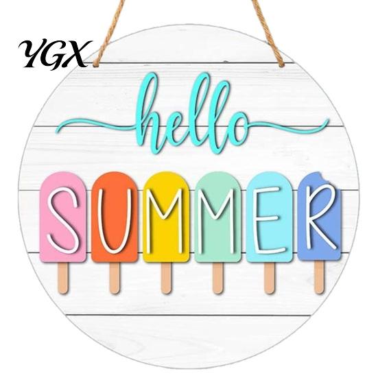 Tropical Wall Decor Hello Summer Door Sign, Ice Pop Flip Flop Welcome Hanger, Party Decoration Farmhouse Hanging Wooden Wreath for Front Home