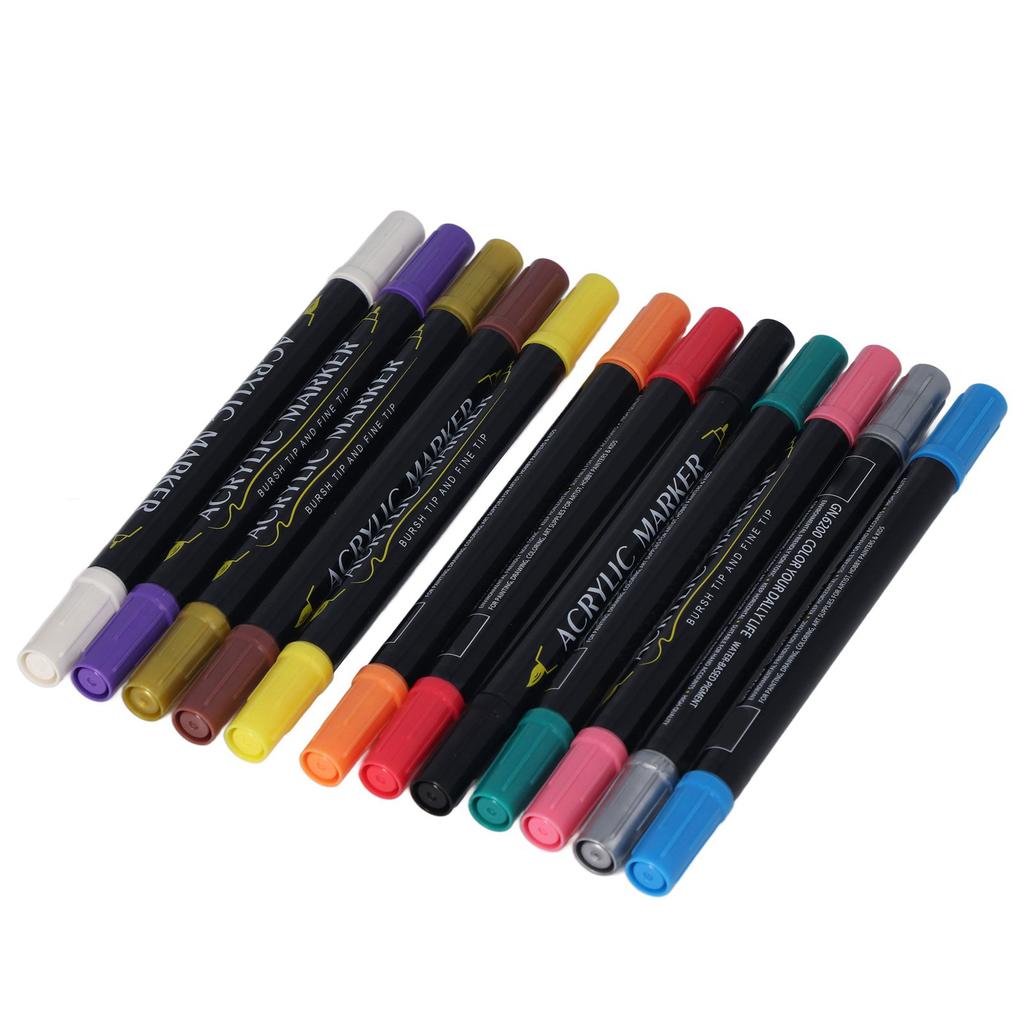 12Pcs Acrylic Paint Pens Double Ended Rapid Drying Strong Covering Waterproof 12 Color Paint Markers