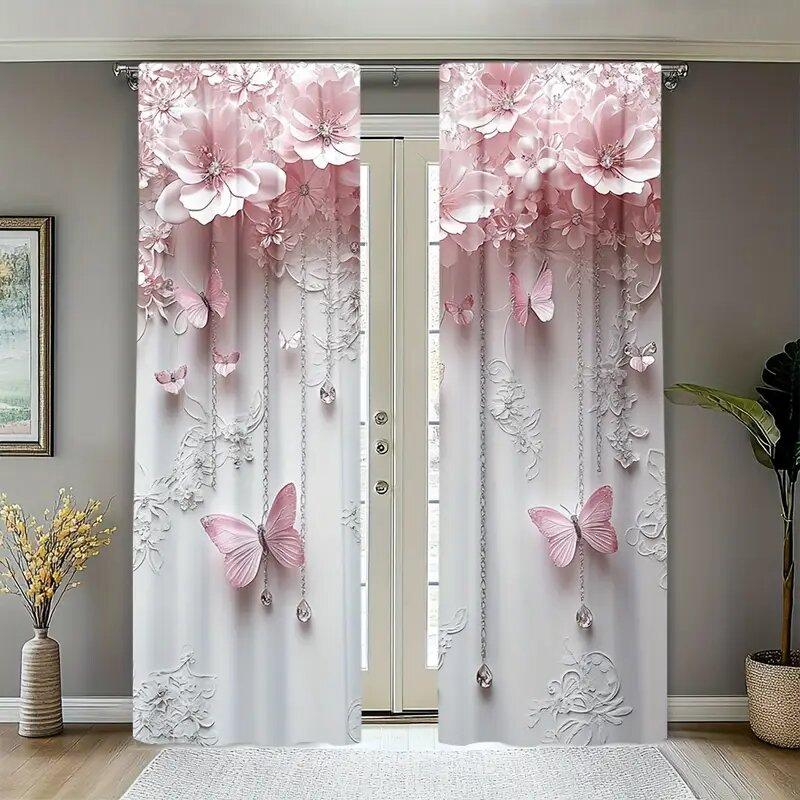 Pink Flowers and Butterflies - Pole Bag Curtains   Bedroom and Kitchen Decoration   Home Decoration   Living Room Decoration