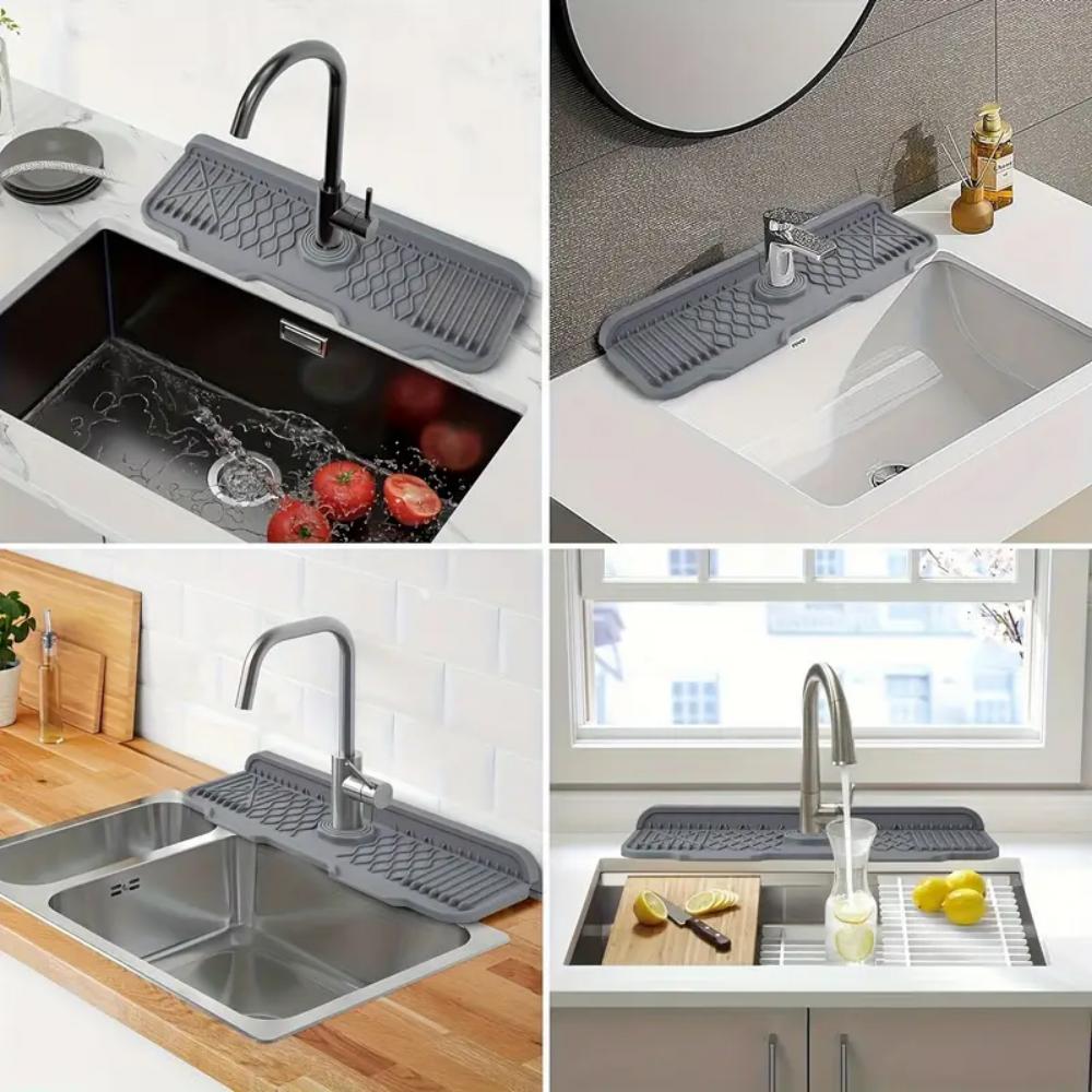 Kitchen sink splash guard, silicone faucet handle, drip tray, multi-purpose drying pad, sponge rack and bathroom countertop,