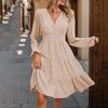 Solid Long Dress High Waist A Line Pleated Women Long Sleeve V Neck Summer