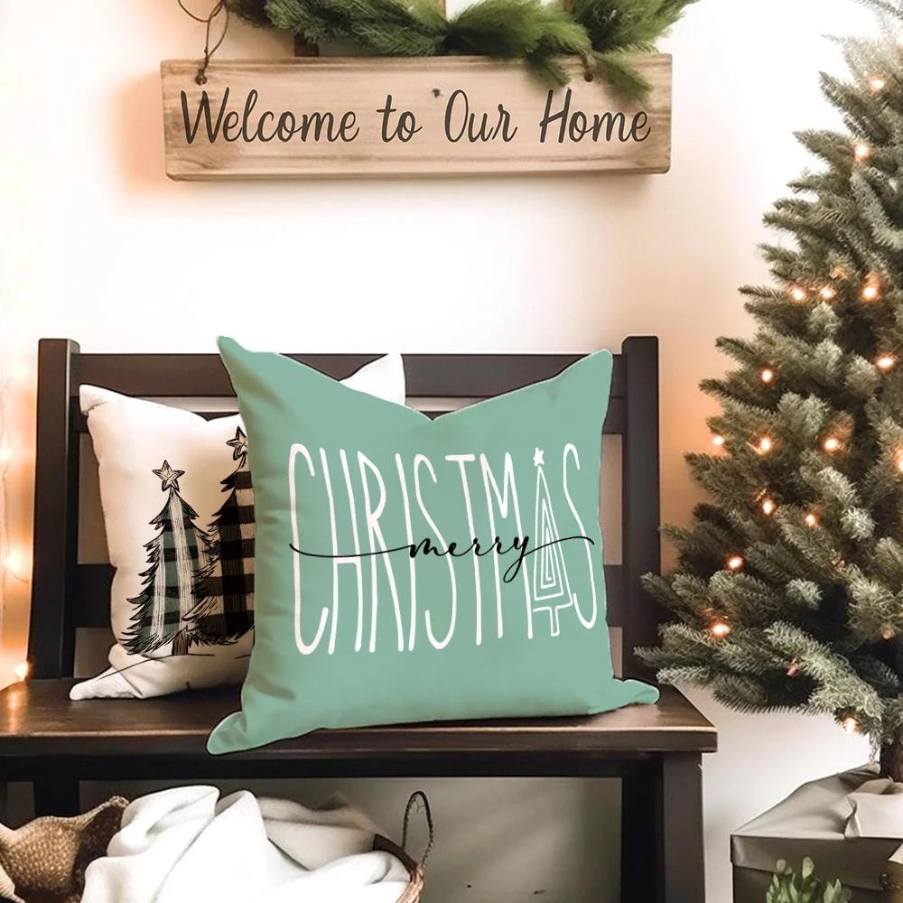 1pc Winter Green Christmas Pillowcase Hand Painted Plaid Truck Christmas Tree Cushion Cover For Sofa Farmhouse Home Decor