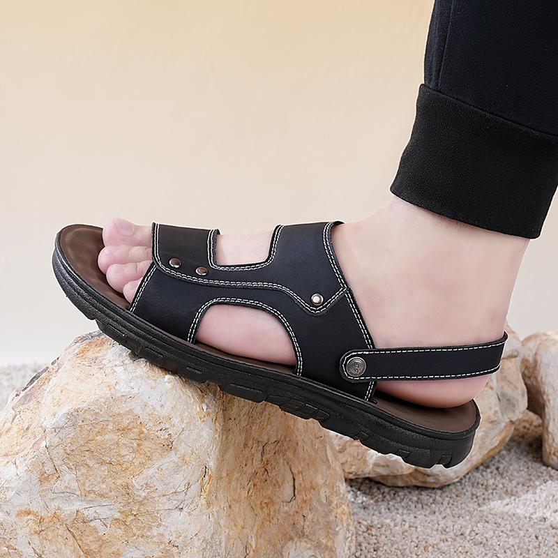 Men White Flats Sandals Summer Brown Wide Head Roman Sandals Retro Black Leather Beach Shoes Plus Size