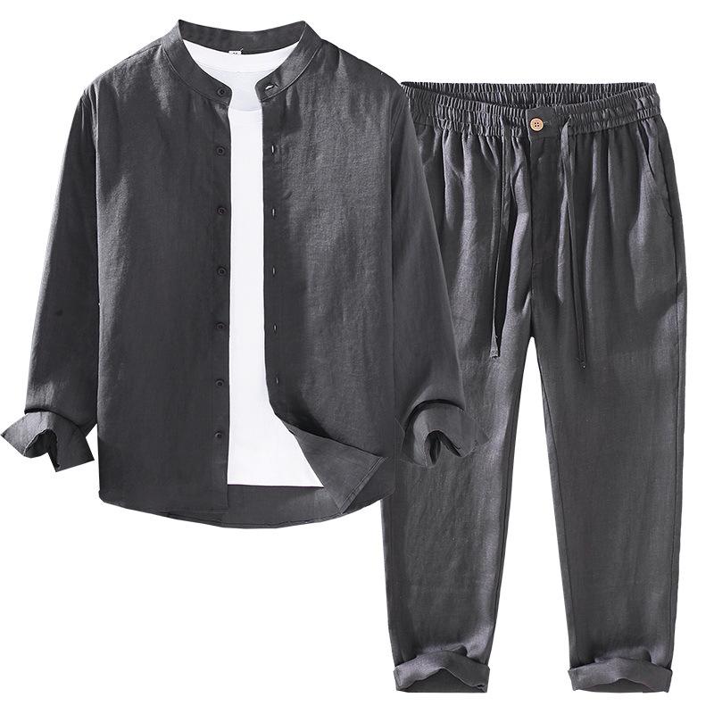 Pure Linen Men's Stand Collar Long Sleeve Shirt - National Style, Versatile, Trendy, Loose Fit