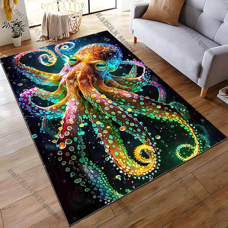 Vibrant Colorful Glowing Octopus Carpet Yoga Living Room Room Decor Children's Crawling Mat Doormat Area Rug Games Mat