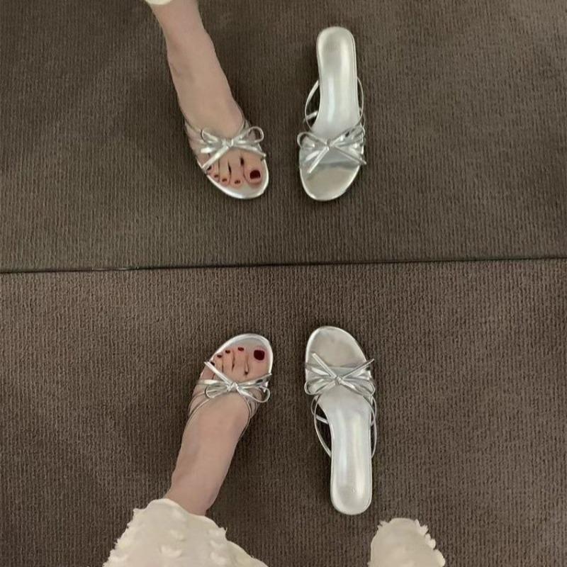 Fashion New Style Design Butterfly-kont Pleated Thin Low Heel Women Slippers Fashion Round Head Stripper Party Dress Female Summer Shoes