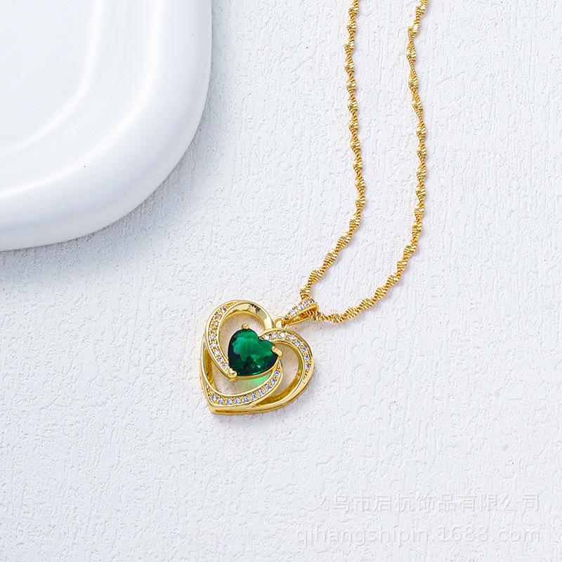 Emerald Love Necklace Women'S Retro Trend Temperament Zircon Pendant Collarbone Chain Jewelry