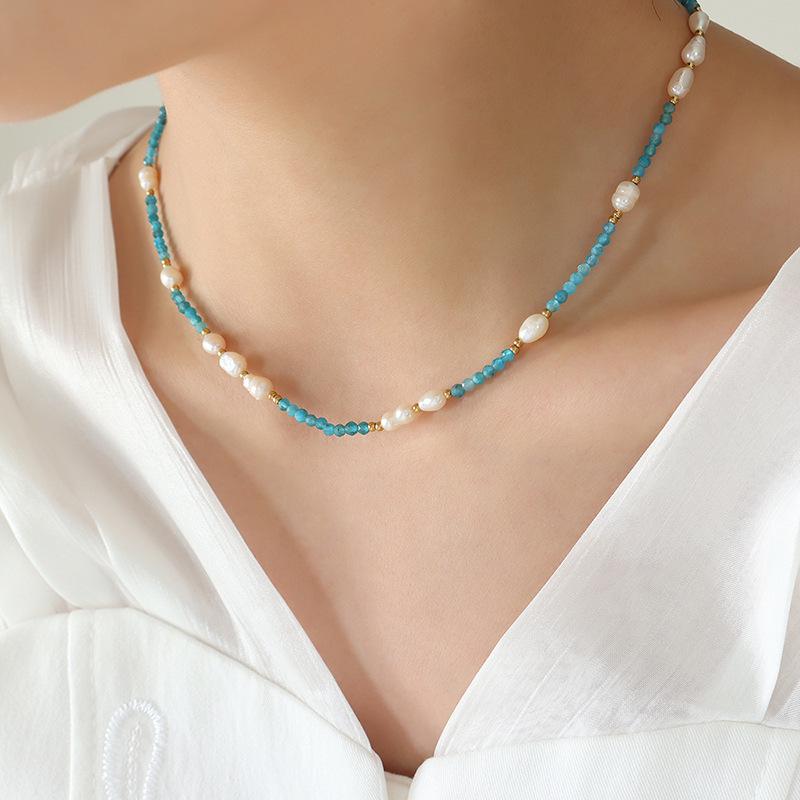 European-American Fashion Blue Stone & Freshwater Pearl Necklace