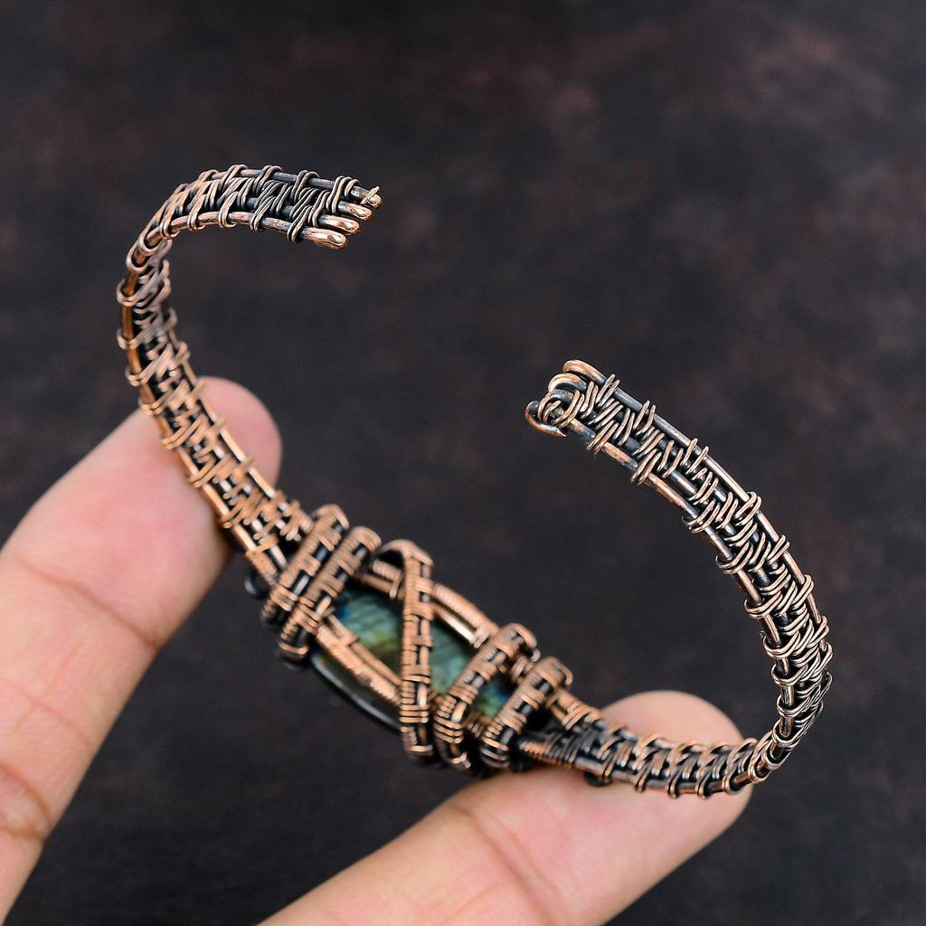 Labradorite Bangle Copper Wire Wrapped Cuff Bracelet Adjustable Bangle Gemstone Cuff Bracelet Handmade Labradorite Jewelry Gift For Friend