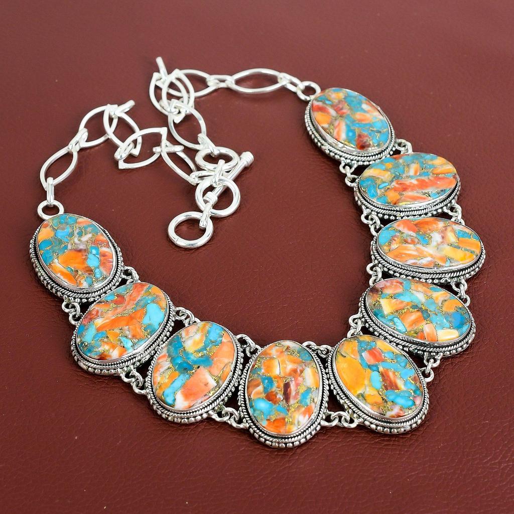 Spiny Oyster Copper Turquoise Gemstone Necklace 925 Sterling Silver Necklace Handmade Adjustable Chain Necklace Vintage Jewelry Gift For Mom