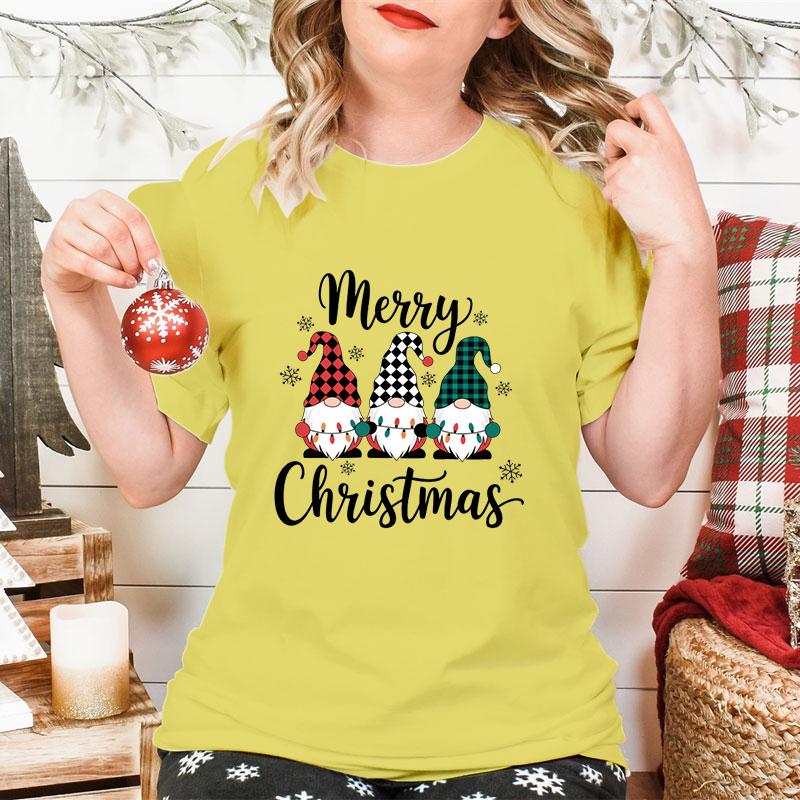 Merry Christmas Gnomes Print Womens Tshirt Fashion Casual Holiday Party Female Tops Tees Short Sleeve Tshirt Women Xmas Gift