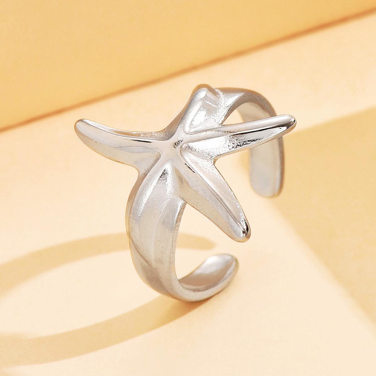 18K Gold Starfish Ocean Resort Open Stainless Steel Ring