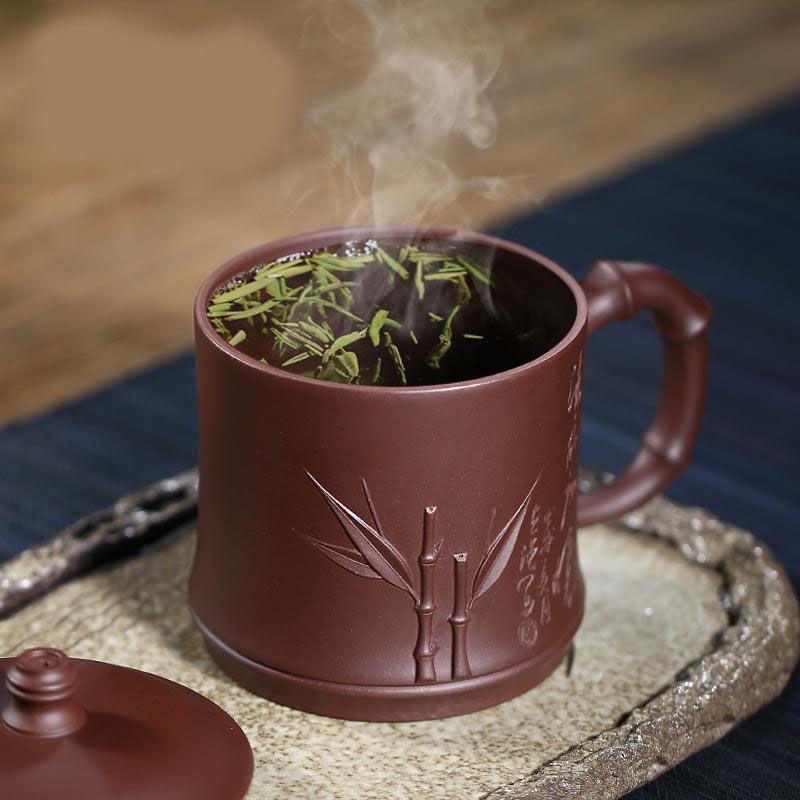Yixing Handmade Purple Clay Tea Cup with Lid, Large Capacity, Bamboo Design
