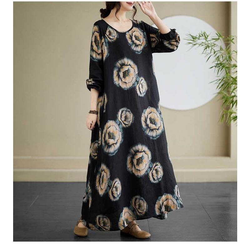 Vintage Long Sleeve Age Reducing Plus Size Casual Long Dresses