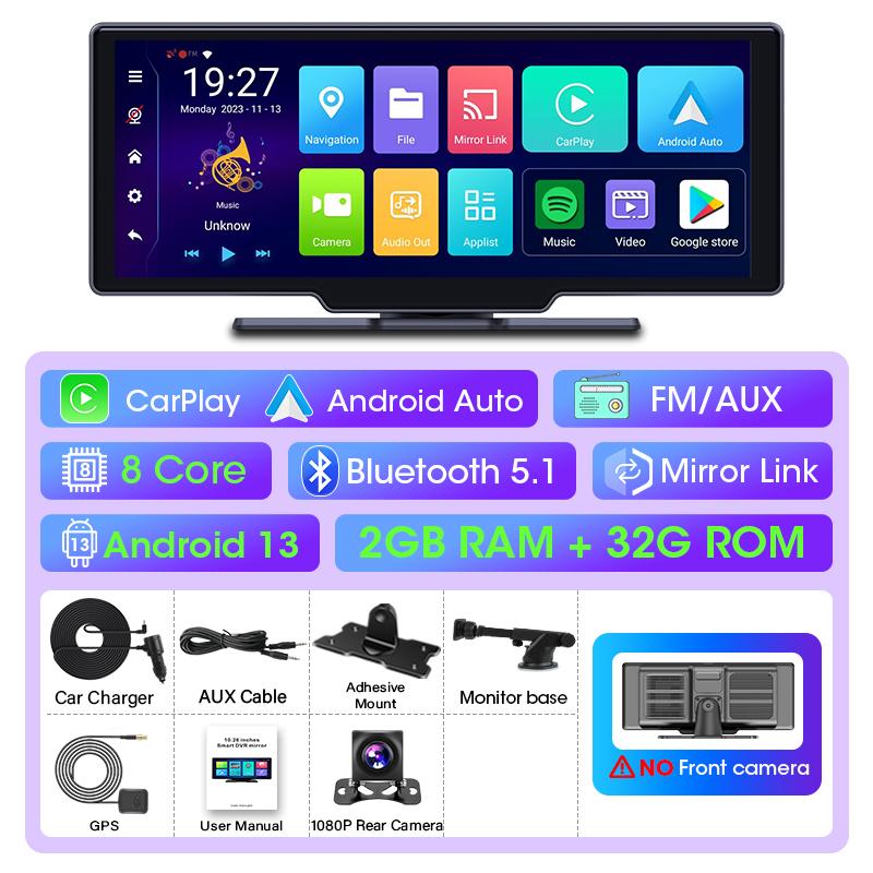 10.26" Android 13 Mirror Video Player Wireless Carplay Android Auto 8 Core GPS Navigation Rearview Car With Camera AUX Bluetooh