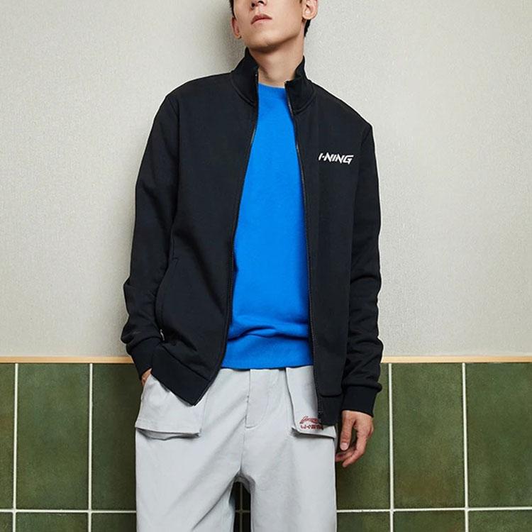 Li Ning Fleece Lined Stand Collar Long Sleeve Logo Jacket Men Jacket Black AWDRD41-1