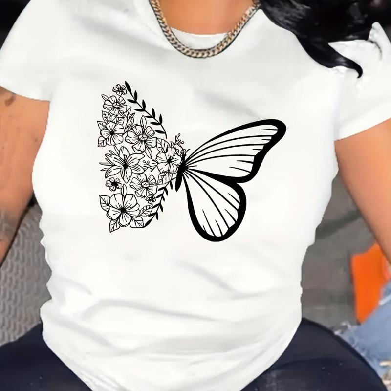 Women Summer Tee Butterfly Printed T Shirt - Fashion Short Sleeve Top