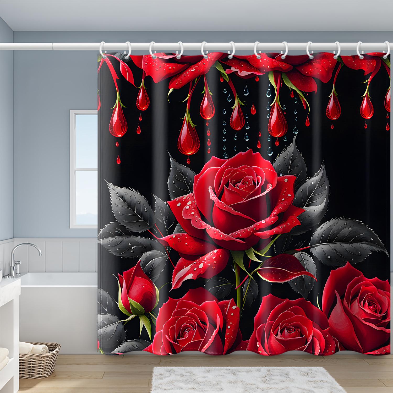 

Red Rose Shower Curtain Black Background Water Drops Artistic Design Waterproof Fabric Romantic Bathroom Decor W60H190(CM)-1 Pcs