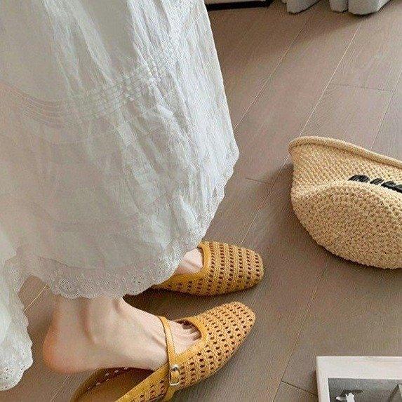 Rétro tissé creux à bout carré avec talon épais mules demi-pantoufles pour femmes été porter plage tempérament sac tête sandales