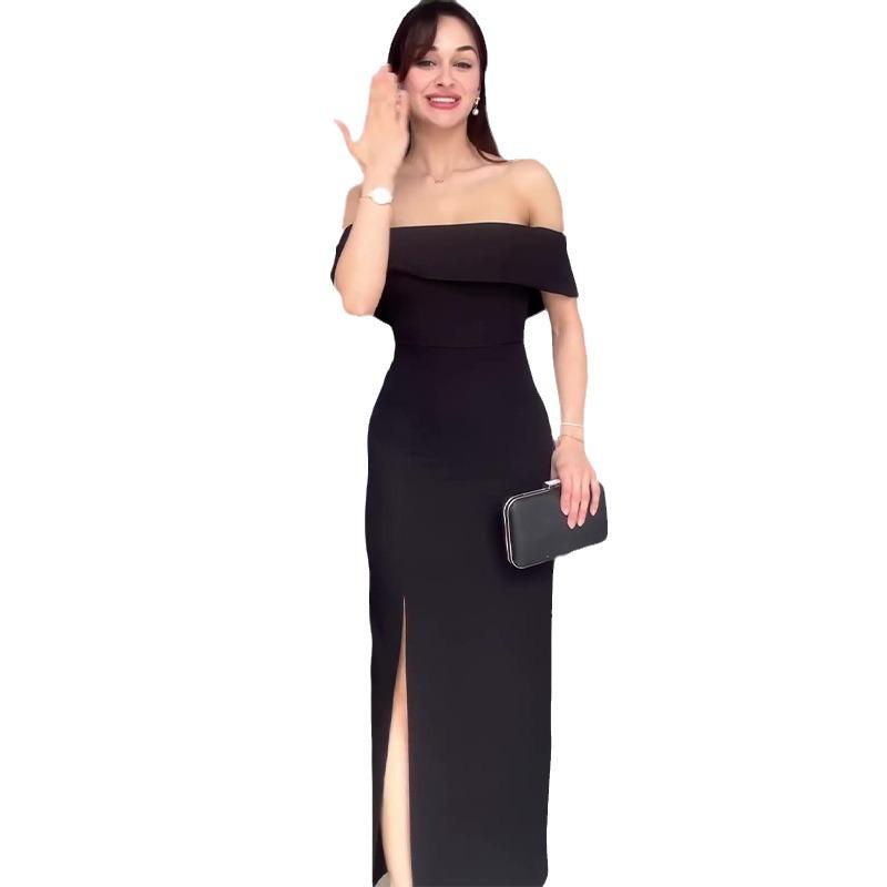 2024 Summer Women's Off-Shoulder Slit Bodycon Dress - European & American Style Fashion