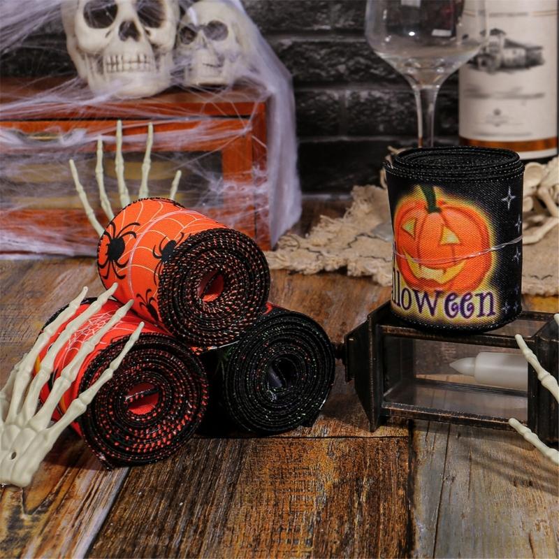 Halloween Theme Wide Ribbon for Halloween Celebration Decors 2.5inch Wire Edged Wide Ribbon 5 Yard for Festival Decors