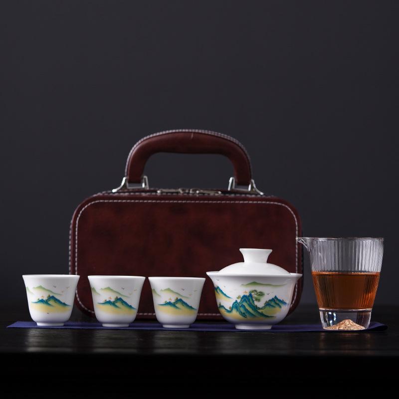 Dehua Simple White Porcelain Suet Jade Cover Bowl Travel Tea Set Small Set Outdoor Portable Going Out Business Activities Gifts