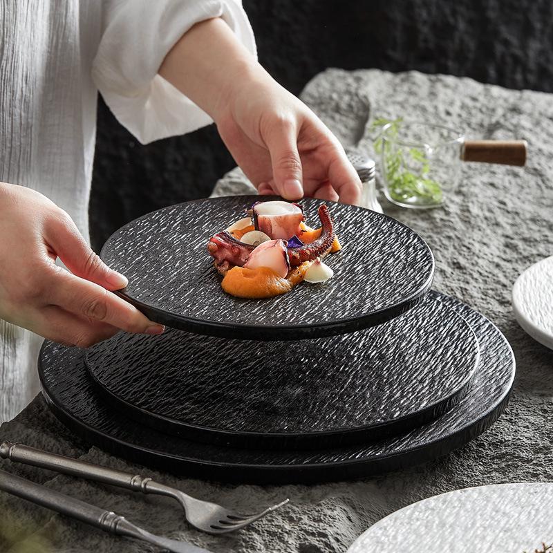 Large Round Ceramic Plate with Stone Pattern - Perfect for Steaks, Cakes, Desserts, and Sushi