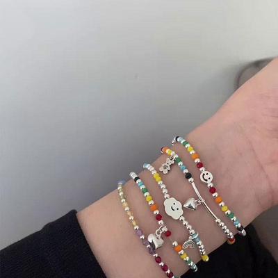 925 Sterling Silver Bracelets for Women Fashion Vintage Couples Handmade Colorful Beads Simple Smiley Face Party Jewelry