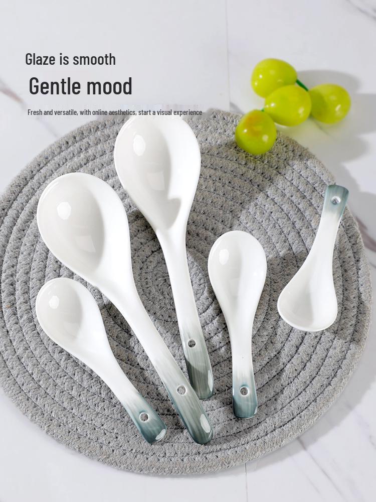 Set of 10 Ceramic Spoons: Perfect for Home Use, Serving Soup, Dining, and Restaurants; Long-Handled and Child-Friendly. Ideal Yan Yu Yao Tableware.