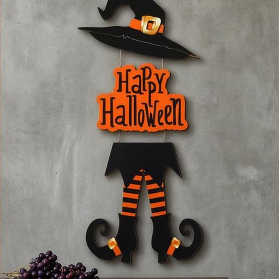 Happy Halloween Welcome Sign Witch Legs Hat Hanging Wooden Wall Decor Rustic Front Door Hanger for Porch Wall Indoor Outdoor Decor
