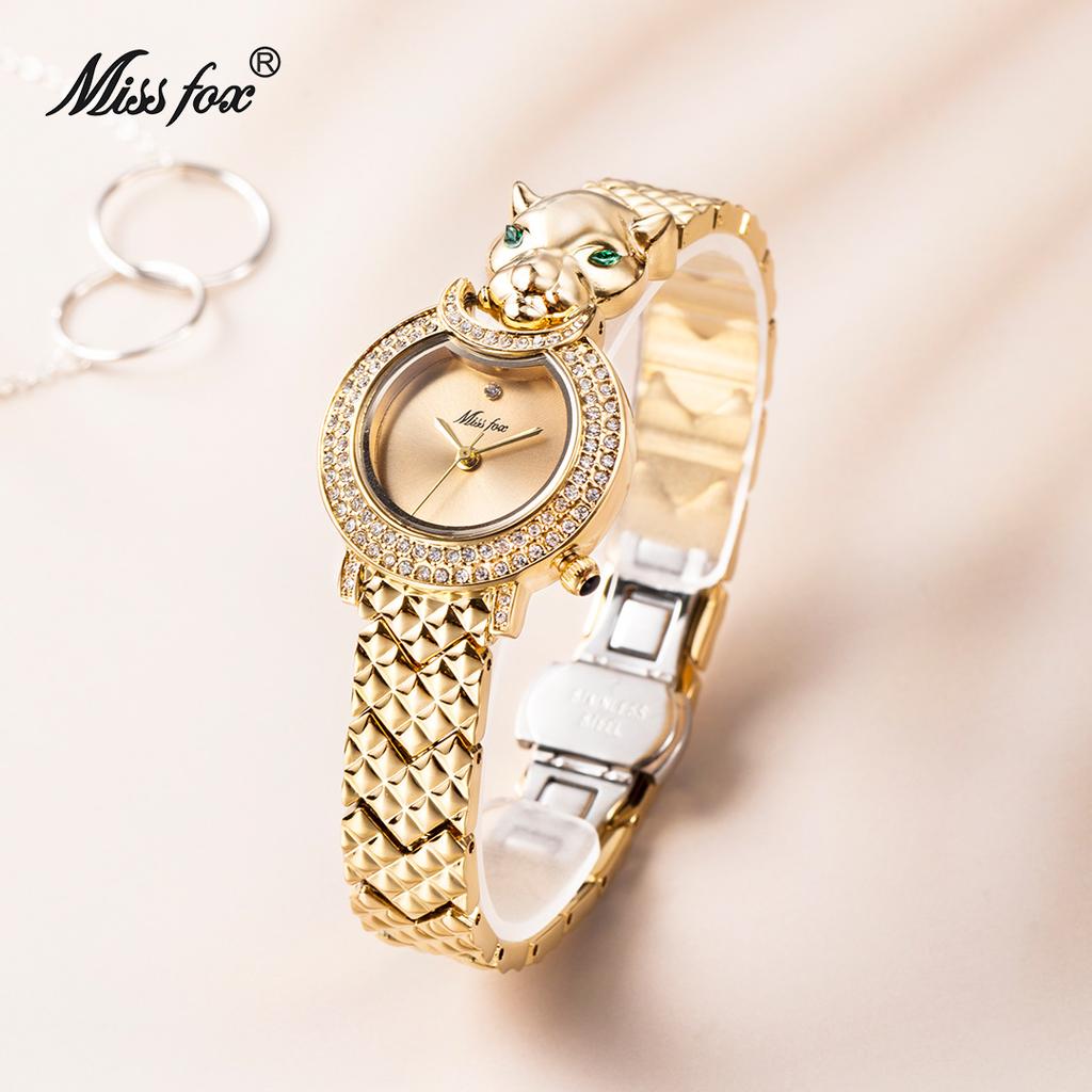 MISSFOX Leopard Bling Diamond Quartz Women Wristwatch Fashion Casual Ladies Female Quartz Gold Watches Jewelry Women Clock
