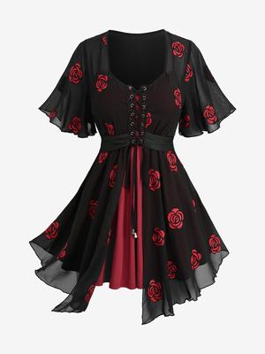 Rosegal Plus Size Rosenblütenstickerei Mesh-Ösen Schnürung Asymmetrisches 2-in-1-Top