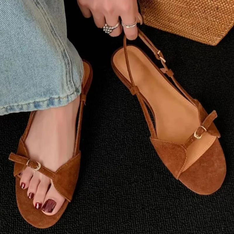 Fashion 2025 Women's Fashion Sandals New Summer Round Head Soft Frosted Open Toe Hollow Belt Buckle Flats