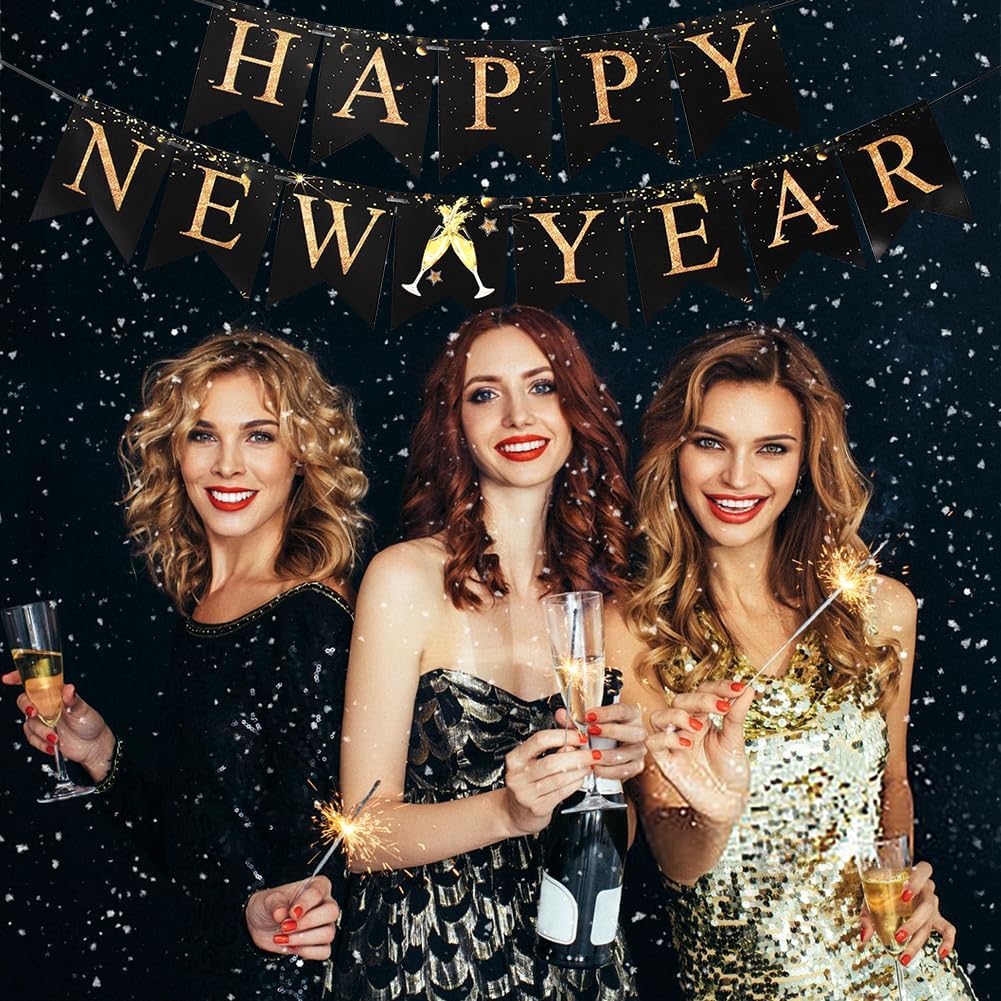 Happy New Years Decorations 2026, New Year Eve Party Supplies Banner with 8 Pcs Hanging Swirls for NYE Eve Party Supplies Black Gold
