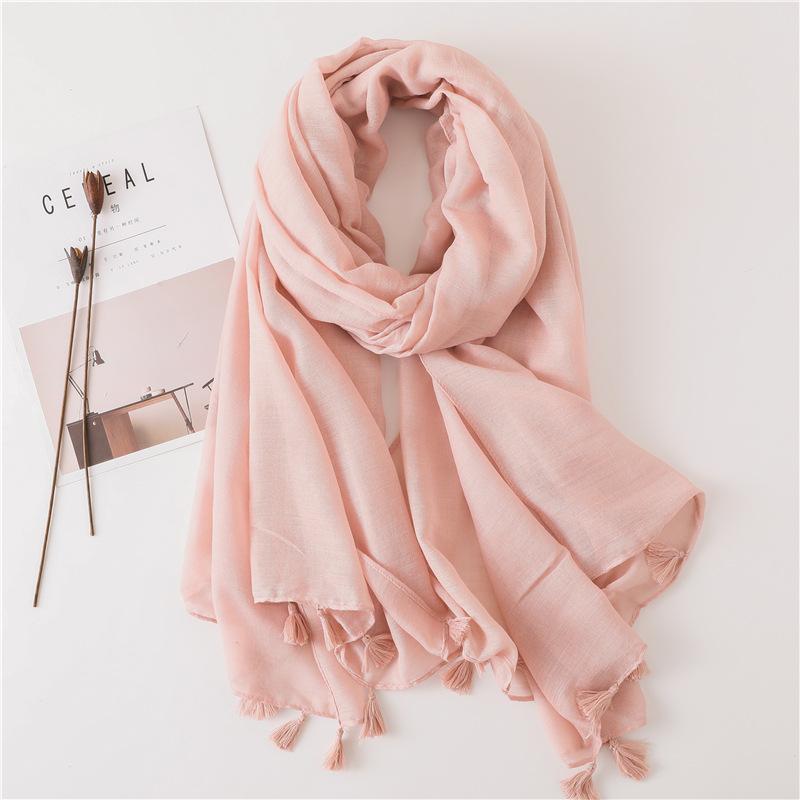 Super Beautiful Solid Color Bare Pink Shining Tassel Cotton and Hemp Scarf Long Silk Scarf Sunscreen Shawl Dual Use Japanese Original