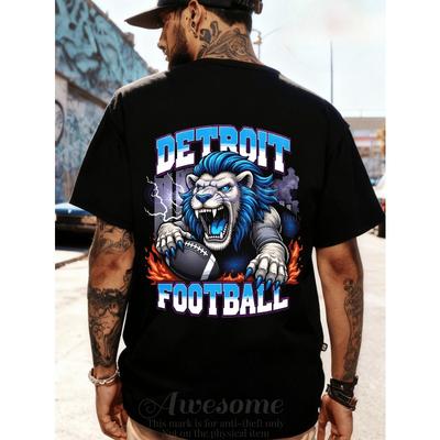 European Sizes Detroit Football Blue Lion Graphic Back Print Funny Tee, Humor Fashion Men's Short Sleeve T-Shirt with Bold Design