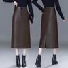 2025 Autumn/Winter Women's High Waist Leather Bodycon Midi Skirt - Slimming Sheepskin Slit Design.