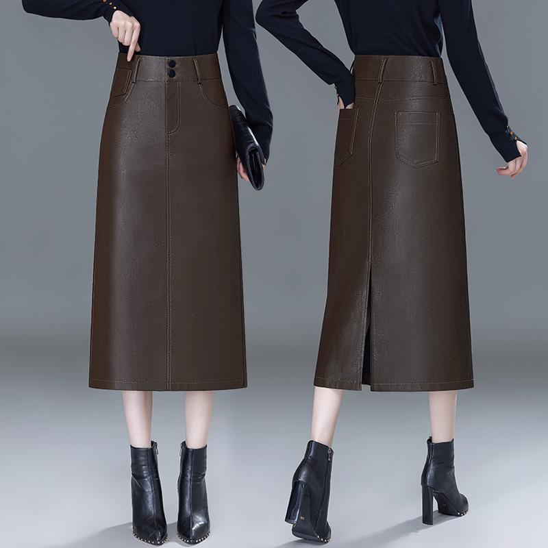 Dámská kožená midi sukně s vysokým pasem, přiléhavá k tělu - Zeštíhlující design z ovčí kůže s rozparkem.