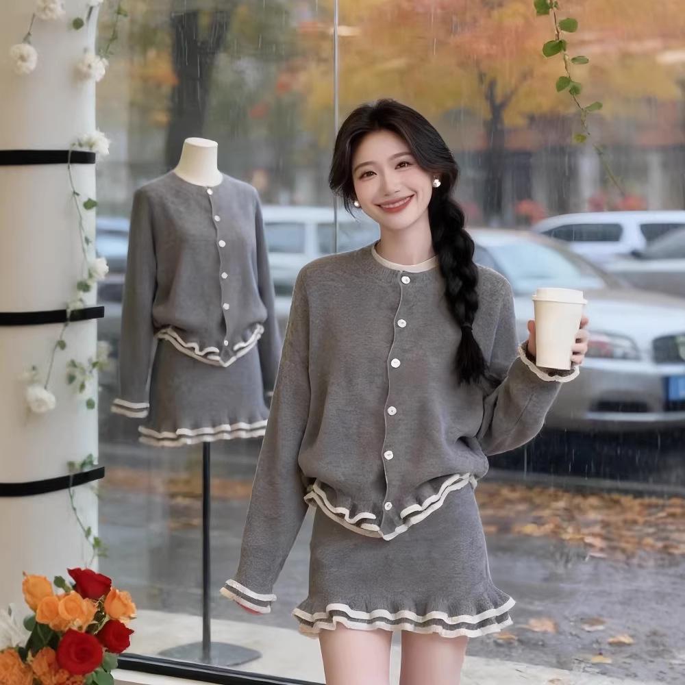 Korean Chic Knit Cardigan & Ruffle Skirt Set - Women's Winter Style