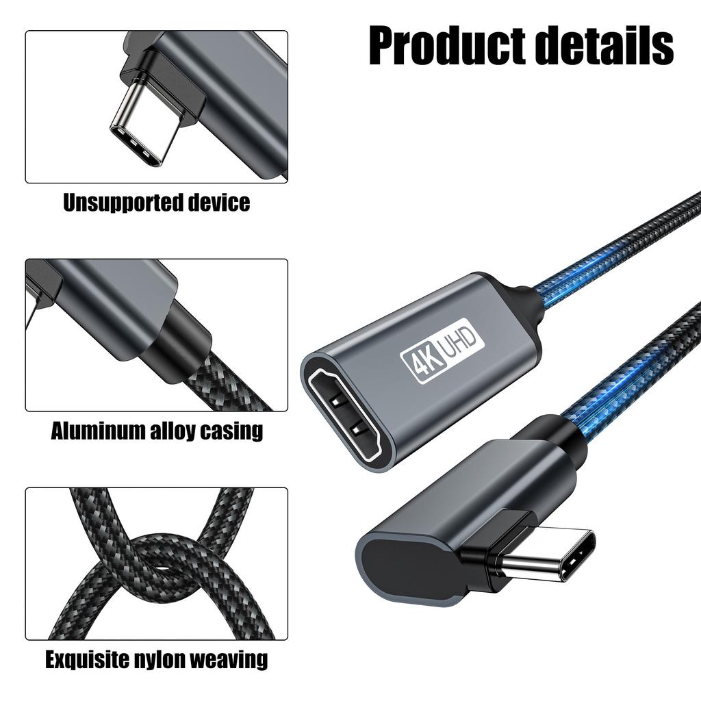 Flexible Right Angled Type C HDTV Female Cord 0.2M 30Hz Signal Transfer Braided Shielded Cable for Space Saving Setups