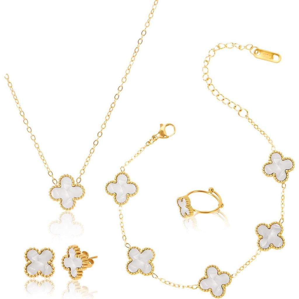 Anti Tarnish Jewellery Latest Stylish Clover Ring Earrings Bracelet Chain Pendant Combo Gifts Necklace Jewellery Set for Women & Girls