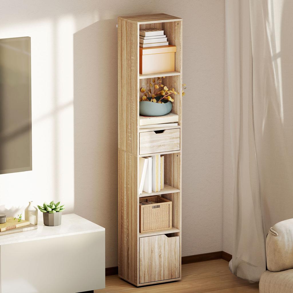Bookcase Storage Unit, Drawer, Cupboard, Open Compartments, 30 x 24 x 158 cm, Natural