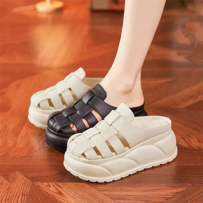 Baotou Half Slippers Women's Summer Outer Wear 2025 New Fashionable Versatile Retro Woven Hollow Breathable Thick-bottomed Cool Slippers