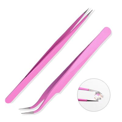 2Pcs Pink Stainless Steel Straight Curved Nail Art Tweezers Rhinestone Picker Nail Decoration Picking Up Tool