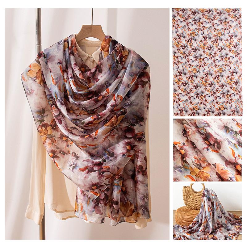 Cross-border summer new pure mulberry silk silk scarf printed shawl scarf fashionable versatile long silk scarf 176*110