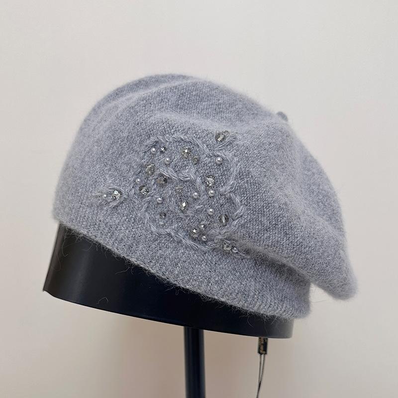 Rabbit Down Pearl Knitted Beret Female Autumn and Winter Painter Hat Warm Wool Hat Winter Hats for Women, Beanies for Women, Hats for Women Winter